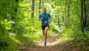 Muscular man running on a trail in the forest for exercise