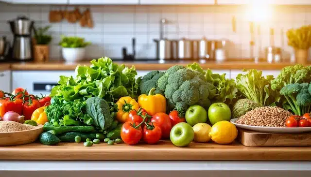 Healthy food on a kitchen counter used for improving athletic performance