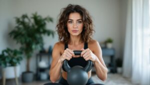 Woman performing a goblet squat with a kettlebell